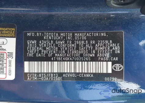 2007 Toyota Camry Le из США, поврежденный, VIN 4T1BE46K47U025265